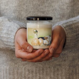 Bill watercolor printed on a soy candle jar