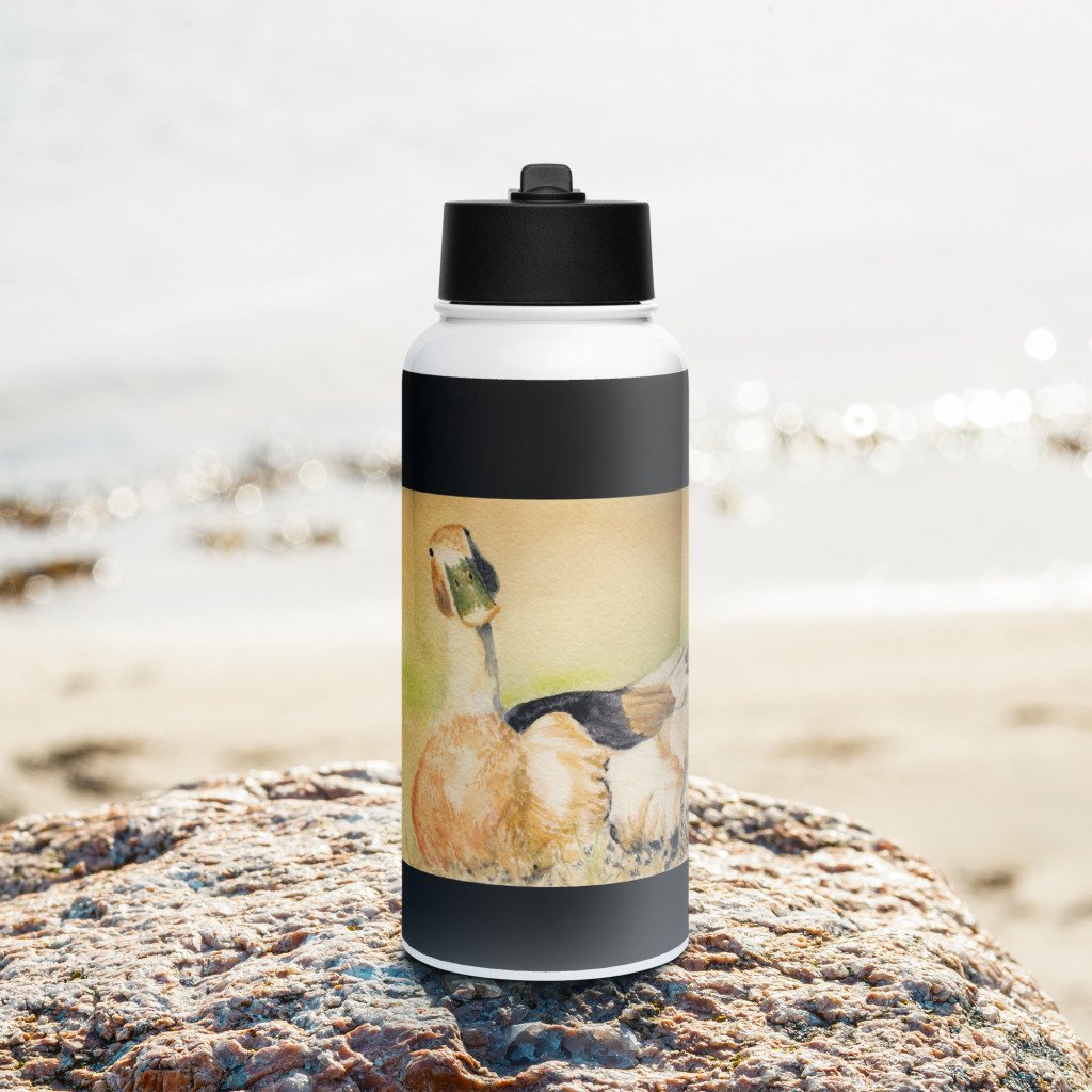 Bill watercolor collage printed on a stainless steel water bottle