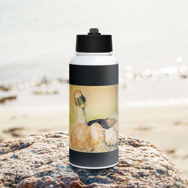 Bill watercolor collage printed on a stainless steel water bottle